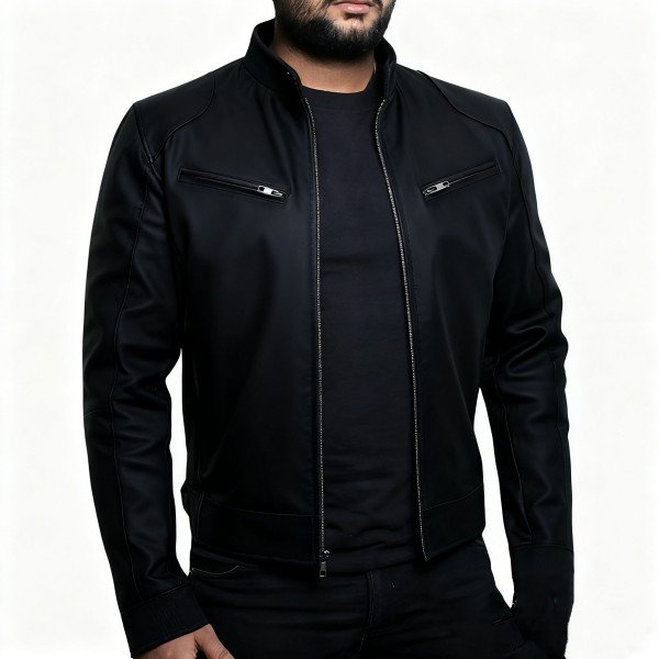 Men's Black Leather Jacket, Stand Collar Zip-Up
