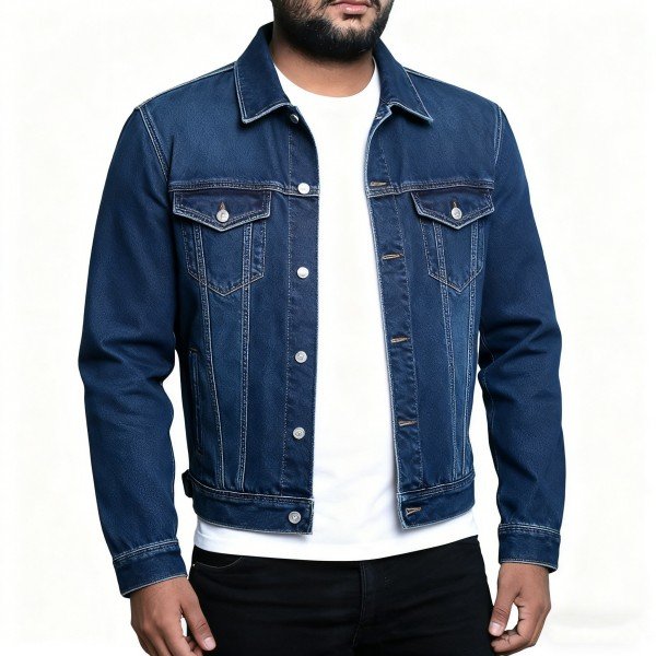 Men's Blue Denim Jacket, Classic Button-Front with White Tee