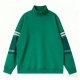 Men's Green Turtleneck Sweatshirt with Striped Sleeves - Retro-Inspired Casual Pullover