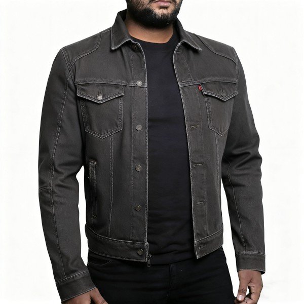 Men's Dark Gray Denim Jacket, Classic Button-Front Style