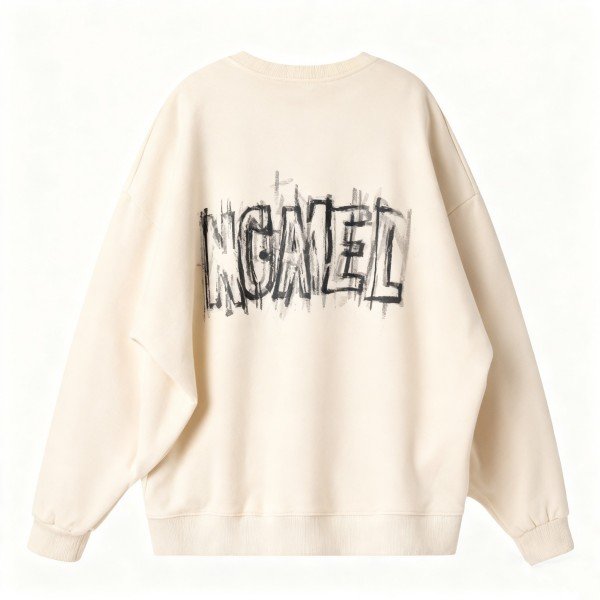 Men's Beige Crew Neck Sweatshirt with Back Graffiti Text - Streetwear-Inspired Pullover