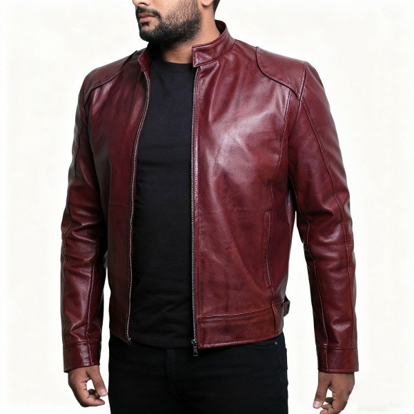 Men's Burgundy Leather Jacket, Stand Collar Zip-Up