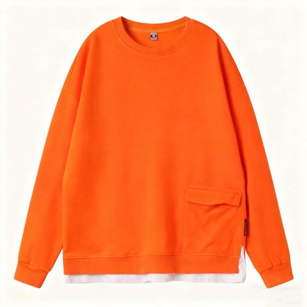 Men's Orange Crew Neck Sweatshirt with Pocket Detail - Layered Casual Pullover