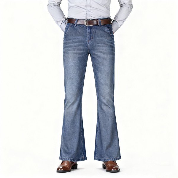 Men's Light Blue Flared Denim Jeans - Retro Bell-Bottom Casual Pants